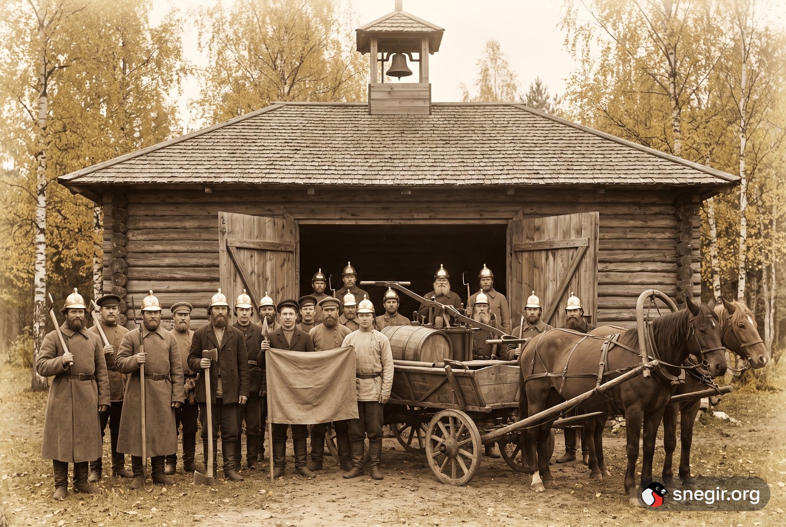 Сельская добровольная пожарная дружина у деревянного пожарного сарая с вышкой, рядом ручной насос на телеге