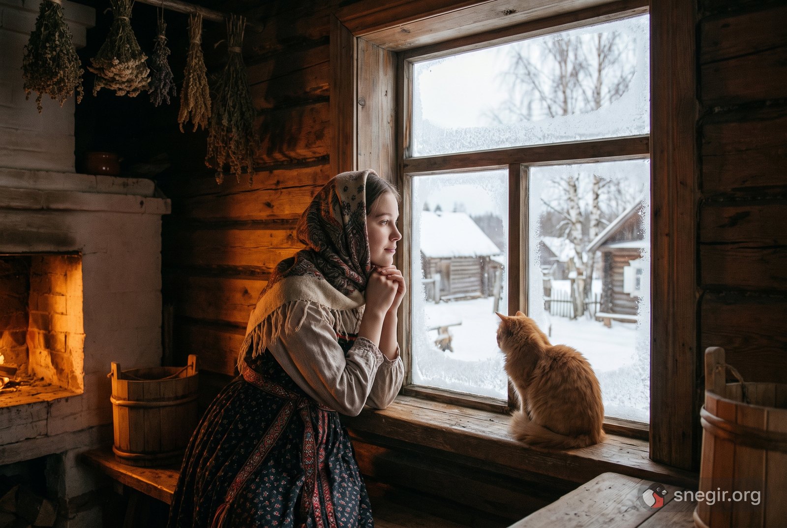 Девочка с котом у заснеженного окна